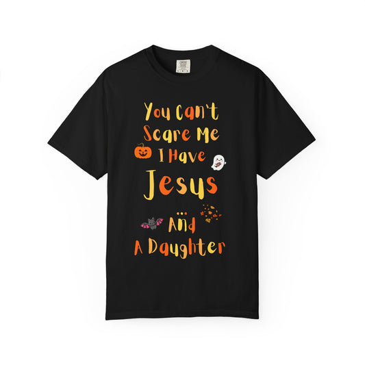 Halloween Jesus and Daughter T-shirt, Unisex Garment-Dyed Tee, Faith-Based Apparel, Family Matching Shirt, Autumn Casual Wear