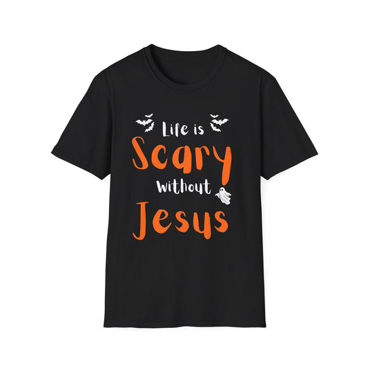 Halloween Faith T-Shirt, Life is Scary without Jesus Tee, Christian Halloween Shirt, Unisex Casual Tee, Fall Faith Apparel, Spooky [...]