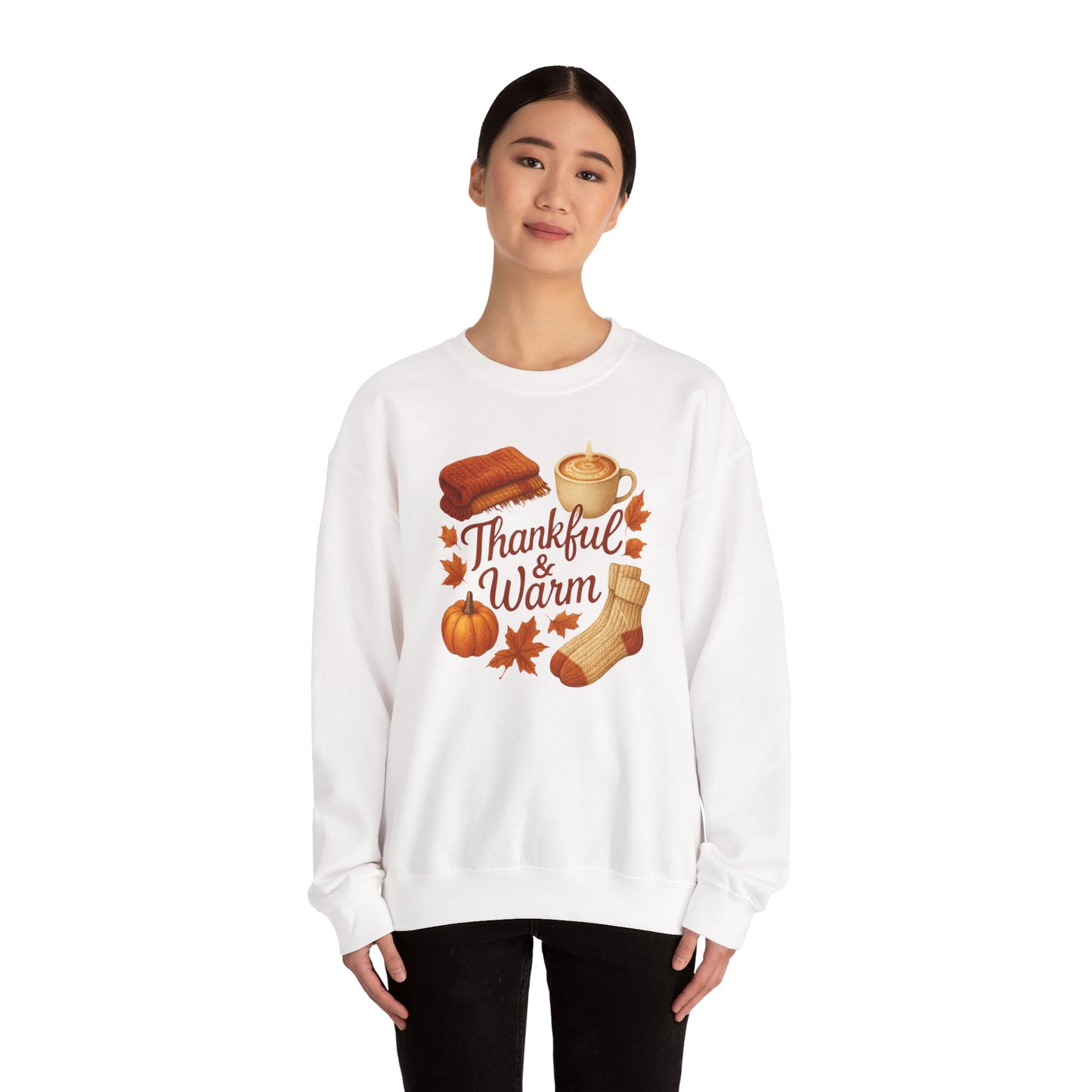 Thankful & Warm Crewneck Sweatshirt | Cozy Fall Fashion, Autumn Outfit, Thanksgiving Gift, Comfortable Layering, Seasonal Style