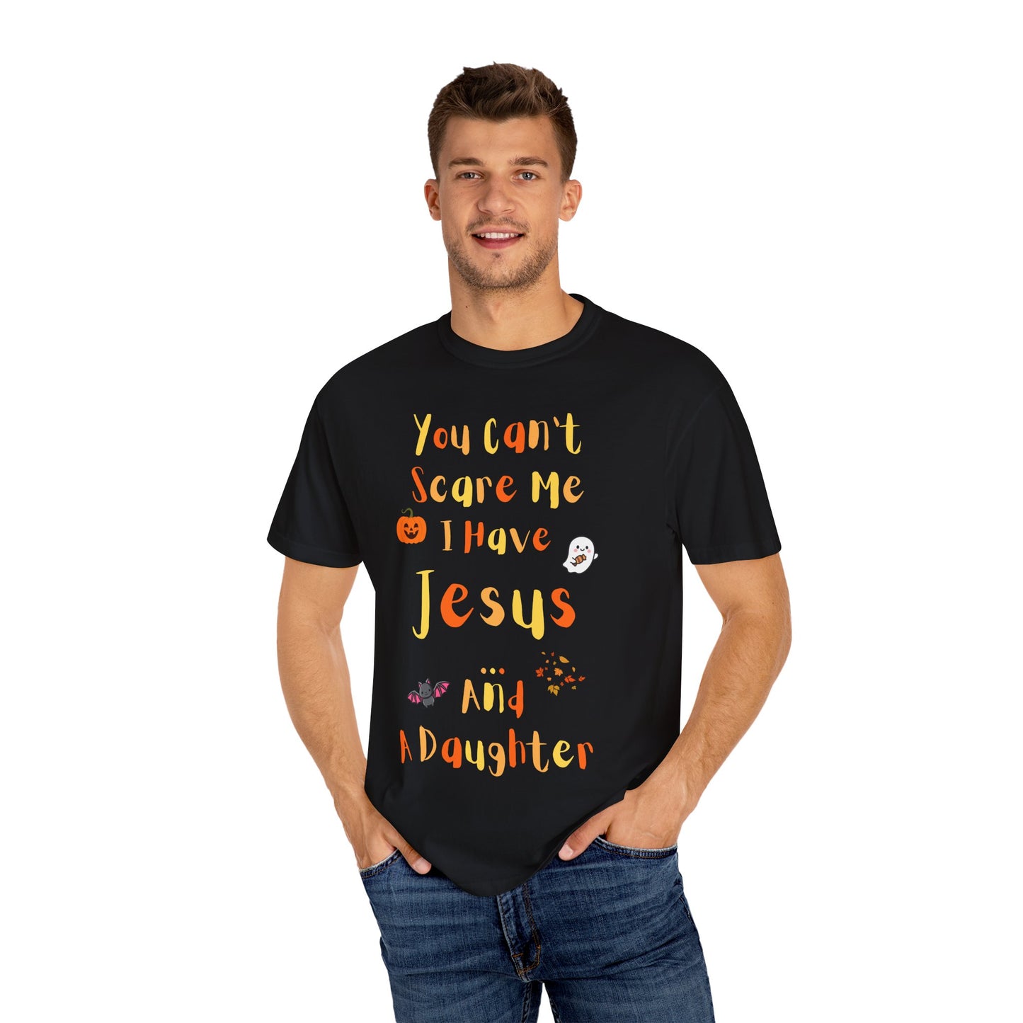 Halloween Jesus and Daughter T-shirt, Unisex Garment-Dyed Tee, Faith-Based Apparel, Family Matching Shirt, Autumn Casual Wear